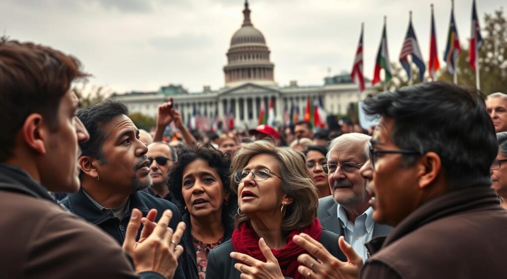 A heated public debate unfolds, voices raised in impassioned discussion. In the foreground, a diverse group of individuals gesticulate, faces etched with intensity, as they grapple with the nuances of the travel ban policy. In the middle ground, a backdrop of government buildings and national flags, a symbolic stage for the ongoing controversy. Soft, diffused lighting casts an air of contemplation, while the composition captures the essence of the public discourse - impassioned, complex, and unresolved. جنسيات لا يُسمح لها بالدخول إلى أمريكا