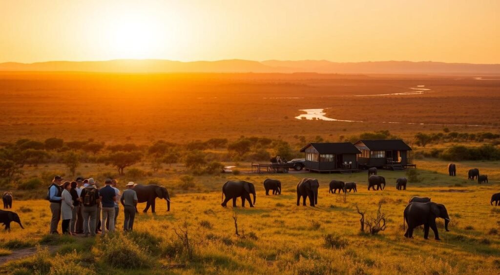 A lush savanna landscape under a warm, golden sunset. In the foreground, a group of tourists in safari attire observe a herd of elephants peacefully grazing. In the middle ground, a well-equipped but eco-friendly ترفل دن safari camp blends seamlessly into the natural surroundings. Distant hills and a meandering river create a picturesque backdrop. The scene conveys a sense of harmony between humans and nature, highlighting the importance of sustainable tourism practices. رحلات السفاري