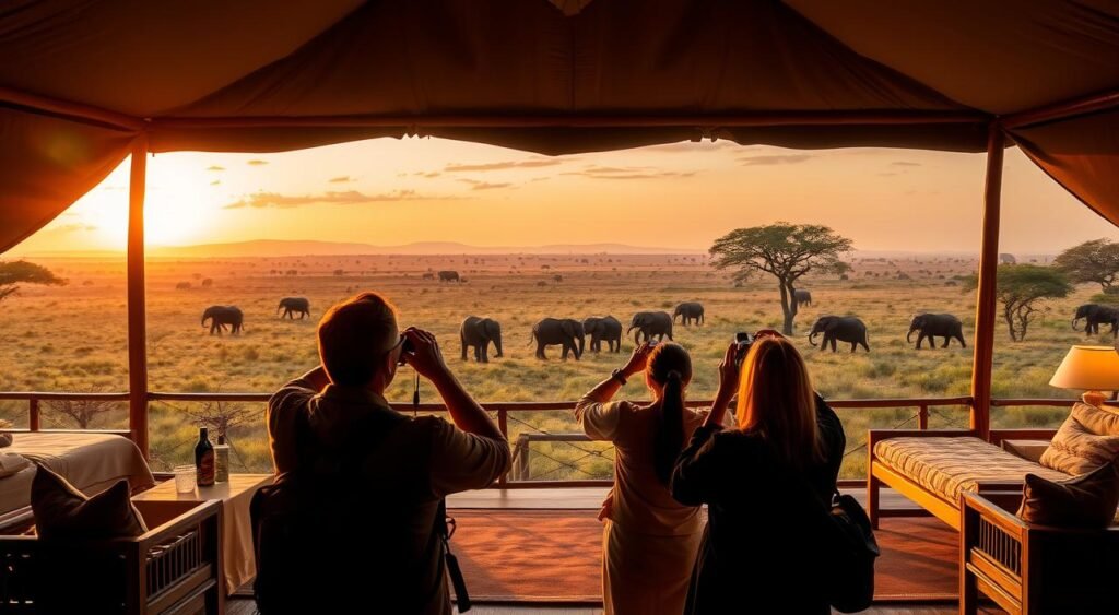 A majestic safari camp nestled in the heart of the African wilderness, with tented suites and sweeping vistas. Elegant teak furnishings, plush textiles, and warm lighting create an inviting ambiance. In the foreground, a group of travelers gaze out over a vast savanna, binoculars in hand, as they embark on an thrilling adventure. The middle ground features a herd of graceful elephants roaming the lush, verdant landscape. The background showcases the silhouettes of acacia trees against a vibrant, golden sky at sunset. This is the epitome of luxury adventure, the ترفل دن experience. رحلات السفاري