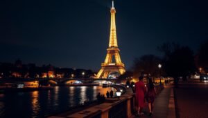 منظر برج إيفل في باريس ليلاً مع أضواء المدينة المتلألئة - أفضل وجهات شهر العسل في أوروبا