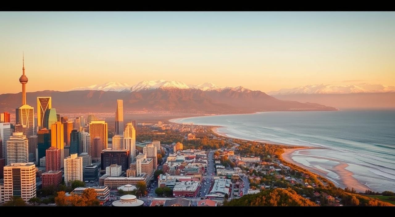 A breathtaking landscape of the most captivating travel destinations for November and December. In the foreground, a vibrant and bustling city with towering skyscrapers, bustling markets, and lively streets. In the middle ground, picturesque snow-capped mountains reflecting the warm hues of the setting sun. In the background, a serene and tranquil coastline, with gentle waves lapping against pristine beaches. The scene is bathed in a warm, golden glow, creating a cozy and inviting atmosphere. The image conveys the perfect blend of cultural experiences, natural wonders, and seasonal charm that make these destinations ideal for travel in the late autumn and early winter months. أفضل الدول للسفر في نوفمبر وديسمبر