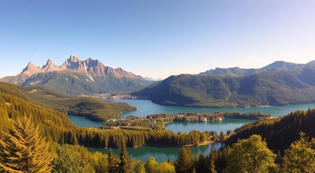 A breathtaking landscape showcasing the diverse natural wonders of Northern Italy. A majestic mountain range frames the scene, its jagged peaks piercing the sky. In the foreground, a serene lake reflects the surrounding greenery, its crystal-clear waters shimmering in the warm, golden sunlight. Rolling hills covered in lush, verdant forests stretch out in the distance, interrupted by quaint, picturesque villages nestled among the trees. The air is crisp and refreshing, with a gentle breeze rustling the leaves. This captivating tableau captures the essence of the unique and captivating beauty that awaits visitors to the northern regions of Italy.