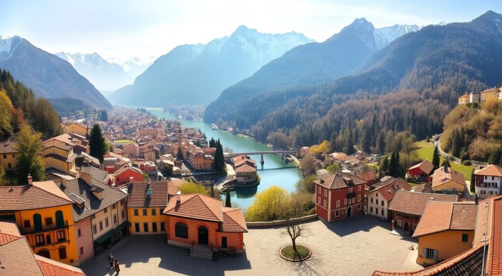 A breathtaking panoramic view of the serene northern Italian landscape, showcasing the picturesque towns and villages nestled amidst the majestic Alps. In the foreground, a charming cobblestone square is flanked by colorful, historic buildings with terracotta roofs and ornate facades. Meandering through the middle ground, a winding river reflects the surrounding alpine peaks, capped with pristine snow. The background is dominated by towering mountains, their rugged slopes cloaked in lush, verdant forests. Warm, golden sunlight bathes the entire scene, creating a warm and inviting atmosphere that invites the viewer to explore the captivating northern Italian region. A breathtaking panoramic view of the serene northern Italian landscape, showcasing the picturesque towns and villages nestled amidst the majestic Alps. In the foreground, a charming cobblestone square is flanked by colorful, historic buildings with terracotta roofs and ornate facades. Meandering through the middle ground, a winding river reflects the surrounding alpine peaks, capped with pristine snow. The background is dominated by towering mountains, their rugged slopes cloaked in lush, verdant forests. Warm, golden sunlight bathes the entire scene, creating a warm and inviting atmosphere that invites the viewer to explore the captivating northern Italian region.