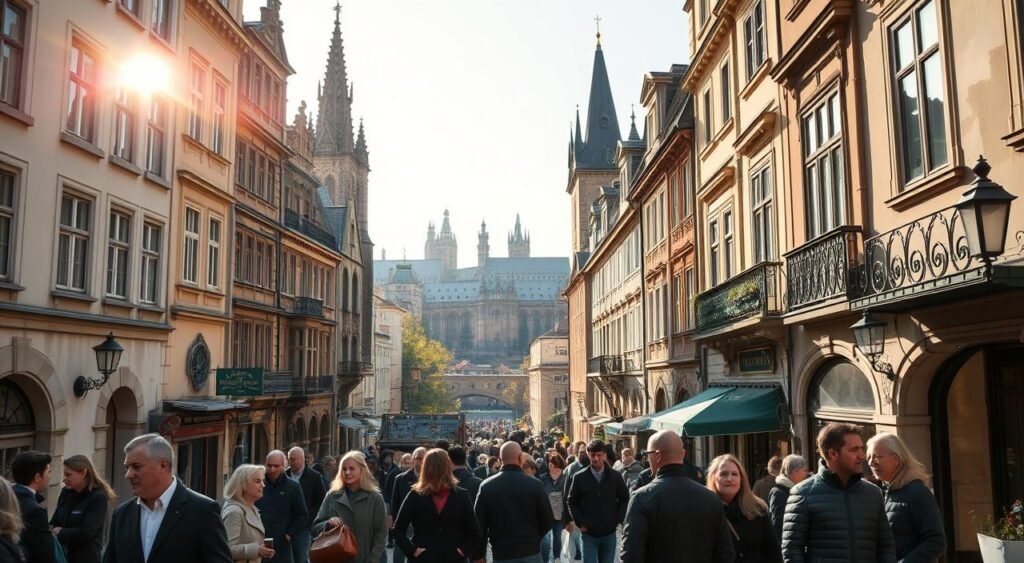 A bustling real estate market in the heart of Prague, with towering spires of ancient cathedrals and the iconic Charles Bridge as a backdrop. Prospective homebuyers and investors navigate a labyrinth of historic buildings, negotiating deals in the shadows of cobblestone streets. Sunlight filters through ornate windows, illuminating the intricate architecture and the faces of the locals engaged in the lively property exchange. The air is thick with the scent of freshly brewed coffee and the hum of lively conversation, reflecting the vibrant energy of this timeless European city. A wide-angle lens captures the essence of Prague's thriving real estate scene, showcasing the perfect balance of tradition and modernity.