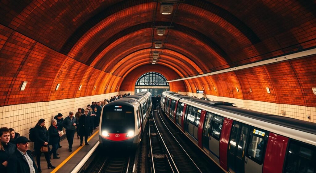 A bustling underground metro station in London, with sleek trains gliding in and out on the tracks. The platform is filled with commuters and tourists, their faces illuminated by the warm glow of the overhead lighting. The walls are lined with tiled patterns, reminiscent of the classic London Underground aesthetic. In the background, the iconic red brick arches and vaulted ceilings create a sense of grandeur and history. The scene is captured from a low angle, emphasizing the scale and architecture of the space. The overall mood is one of efficiency, movement, and the vibrant pulse of the city.