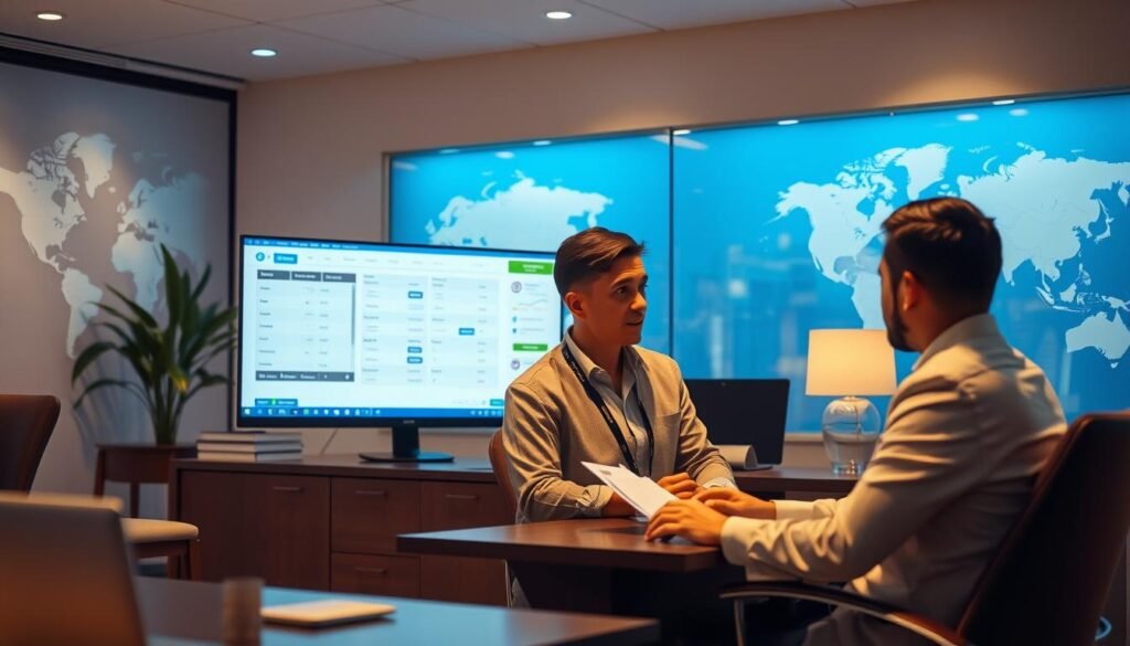 A cozy travel agency office, bathed in warm lighting, with a large computer screen displaying a flight booking interface. Sleek, modern furniture and a world map on the wall set the scene. A knowledgeable agent, dressed in professional attire, is guiding a customer through the booking process, explaining options and answering questions. The customer's face is obscured, allowing the focus to remain on the agent's expertise. The overall atmosphere conveys professionalism, efficiency, and the ease of arranging a flight to Syria through this trusted travel agency.