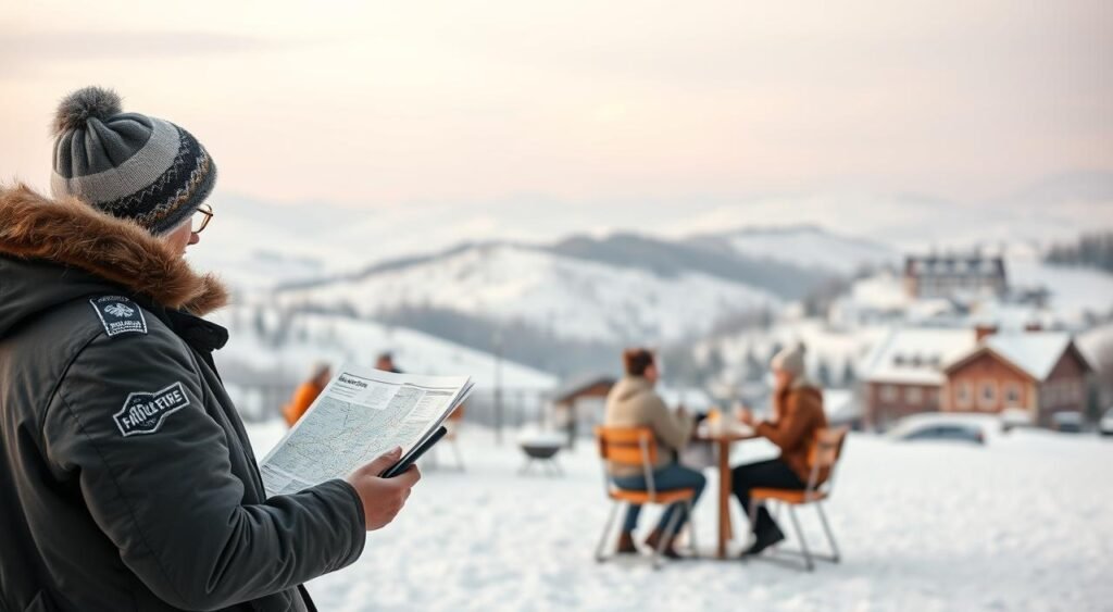 A cozy winter travel scene with a focus on travel costs. In the foreground, a traveler bundled up in a warm coat stands in front of a snowy landscape, examining a map and calculator. In the middle ground, a small group of travelers sip hot beverages in a traditional cafe. In the background, rolling hills blanketed in snow, with a distant village silhouetted against a pastel sky. Soft, diffused lighting creates a serene, introspective atmosphere, inviting the viewer to consider the financial realities of winter travel. The overall composition conveys the careful planning and budgeting required for a successful and affordable cold-weather getaway.