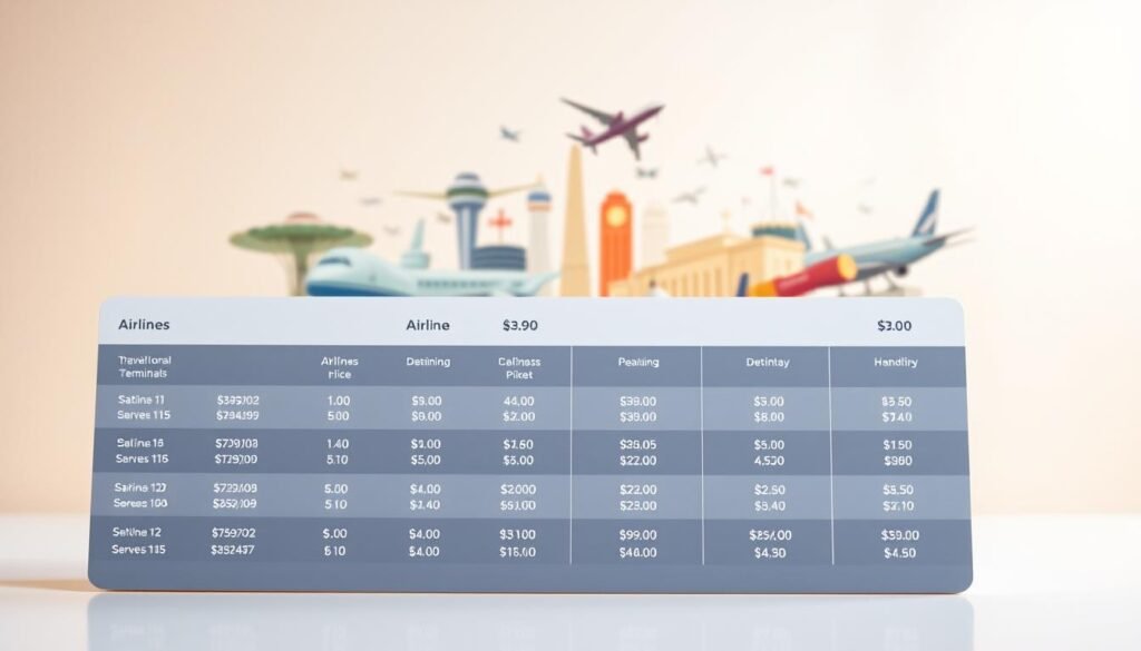 A detailed comparison of airline ticket prices across various booking platforms. In the foreground, a clean, minimalist interface displaying price comparisons for multiple destinations and airlines, with clear visual cues highlighting the differences. The middle ground features a vibrant collage of international airport terminals, airplanes in flight, and travel-related icons, conveying a sense of global connectivity. The background subtly blends warm, muted tones to create a calming, professional atmosphere. Soft, diffused lighting illuminates the scene, emphasizing the clarity and precision of the data presentation. The overall composition strikes a balance between informative data visualization and an inviting, travel-oriented aesthetic.