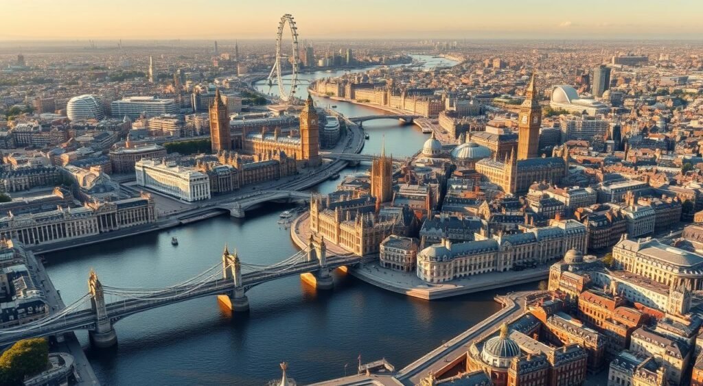 A detailed, high-resolution map of central London, England, showcasing the city's iconic landmarks and neighborhoods. The foreground features the River Thames winding through the heart of the city, with famous bridges such as the Tower Bridge and Westminster Bridge visible. The middle ground boasts the skyline of central London, including landmarks like the Houses of Parliament, Big Ben, and the London Eye. The background captures the sprawling urban landscape, with Georgian and Victorian architecture, parks, and other notable buildings. The scene is bathed in warm, soft lighting, creating a serene and inviting atmosphere. Rendered with a realistic, photorealistic style that emphasizes the detailed geography and architectural features of the city.