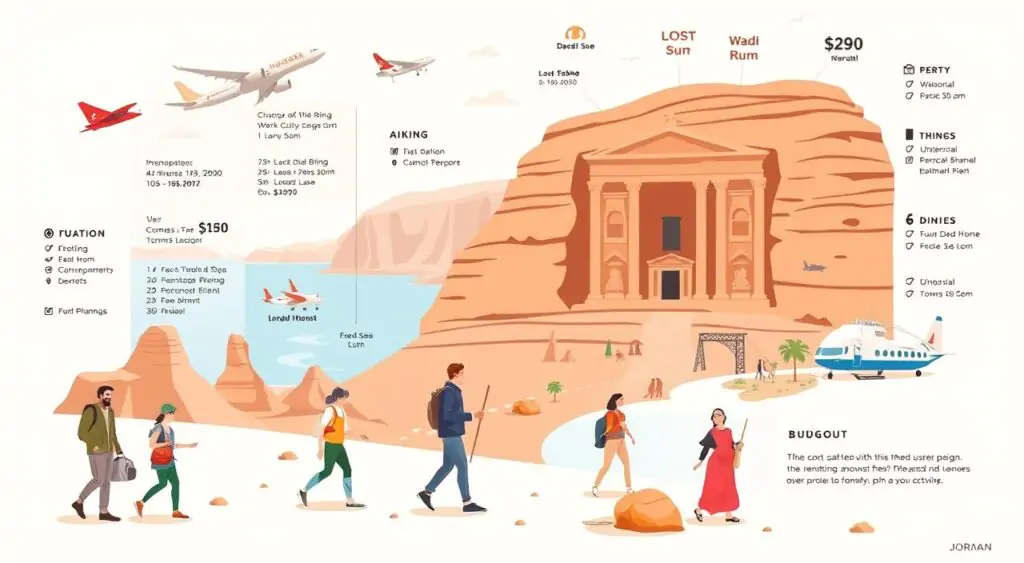 A detailed illustration of the costs and budgeting considerations for tourism in Jordan. Showcase a range of travel expenses including transportation, accommodation, dining, and activities. Depict a diverse set of travelers, from individuals to families, exploring popular destinations like Petra, Wadi Rum, and the Dead Sea. Frame the scene with a clean, minimalist layout that highlights key budget figures and planning tips. Use a warm, inviting color palette and soft lighting to convey the welcoming atmosphere of Jordan. Emphasize the importance of research, advance planning, and financial prudence for an enriching and cost-effective Jordanian adventure.