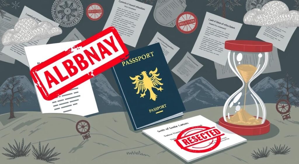 A detailed illustration of the reasons for Albanian visa rejections. A stylized landscape depicting various symbolic elements that represent common grounds for visa denials, such as a red stamp over a passport, official documents with rejected seals, an hourglass signifying time constraints, and a background of bureaucratic paperwork. The scene should convey a sense of frustration and confusion, with a somber, muted color palette and dramatic lighting to heighten the gravity of the situation. The overall composition should be visually striking and effectively communicate the challenges faced by those seeking Albanian visas.