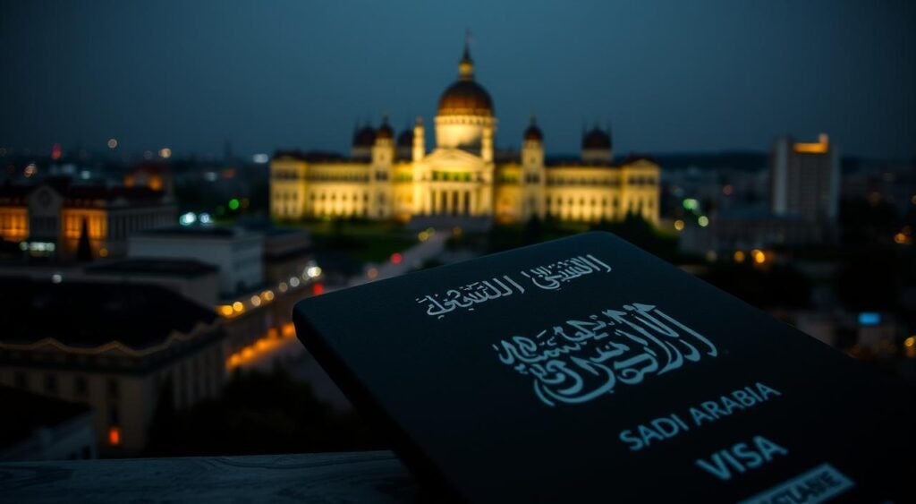 A dimly lit city skyline of Bucharest, Romania, with the iconic Palace of the Parliament looming in the background. The foreground features a Saudi Arabian passport prominently displayed, signifying the visa requirement for Saudi citizens to visit the country. The scene is bathed in a somber, muted color palette, conveying the inconvenience and bureaucratic obstacles faced by Saudi travelers. Subtle details, such as shadows and reflections, add depth and realism to the image. The overall composition evokes a sense of restriction and the need for improved travel accessibility between the two nations. فيزا لزيارة رومانيا
