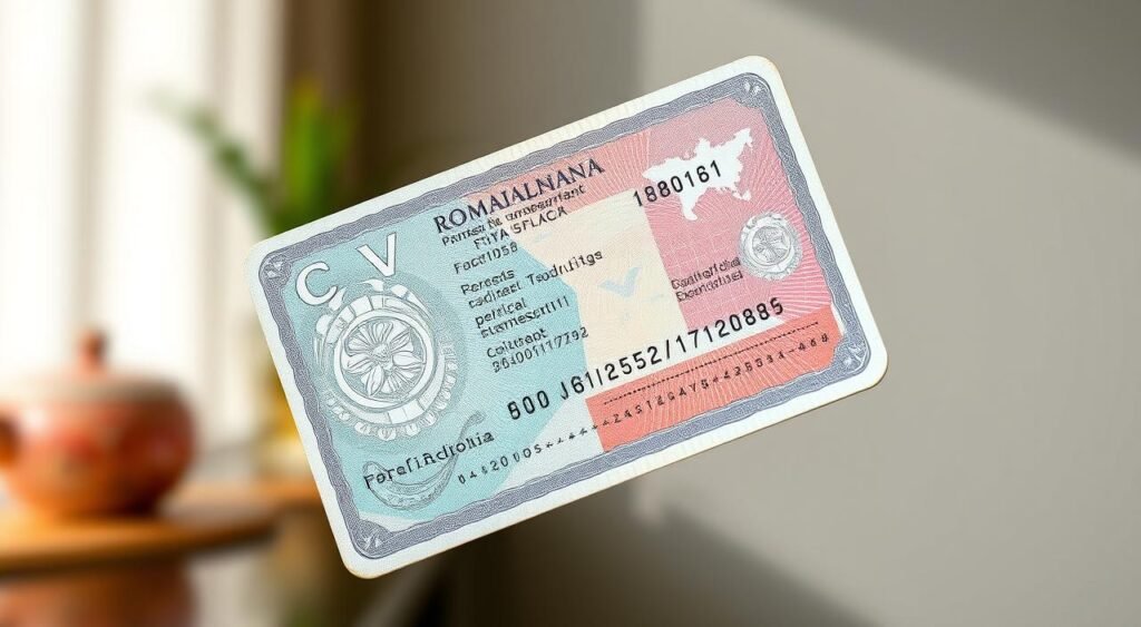 A high-resolution, photorealistic image of a Romanian tourist visa, prominently displayed against a subtly blurred background. The visa features intricate designs, embossed text, and security features, conveying a sense of authenticity and official documentation. The lighting is soft and natural, accentuating the texture and details of the visa. The composition places the visa in the center, occupying the majority of the frame, with a clean and minimalist aesthetic. The overall mood is one of professionalism and attention to detail, reflecting the importance of the visa in the context of travel to Romania. فيزا لزيارة رومانيا