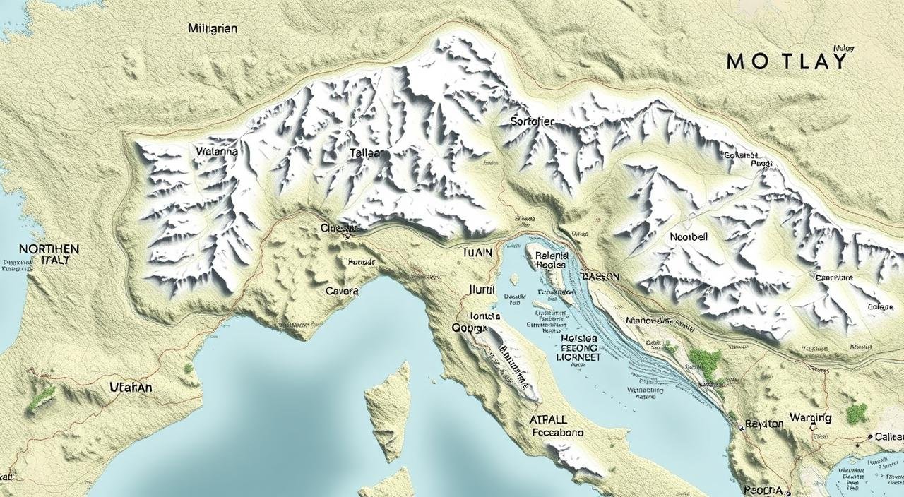 A highly detailed, photorealistic map of Northern Italy, showcasing the distinct regions, major cities, and geographic features of this captivating area. The map should be rendered with precise cartographic accuracy, employing a clean, minimal aesthetic that allows the information to shine. Depict the rugged, snow-capped Alps forming a dramatic backdrop, with winding rivers, lush valleys, and rolling hills in the foreground. Prominently feature the major urban centers, such as Milan, Turin, and Venice, rendered with architectural precision to convey their unique character. The overall composition should strike a balance between providing comprehensive geographic data and a visually striking, aesthetically pleasing design, capturing the essence of Northern Italy in a compelling, informative manner. خريطة الشمال الإيطالي