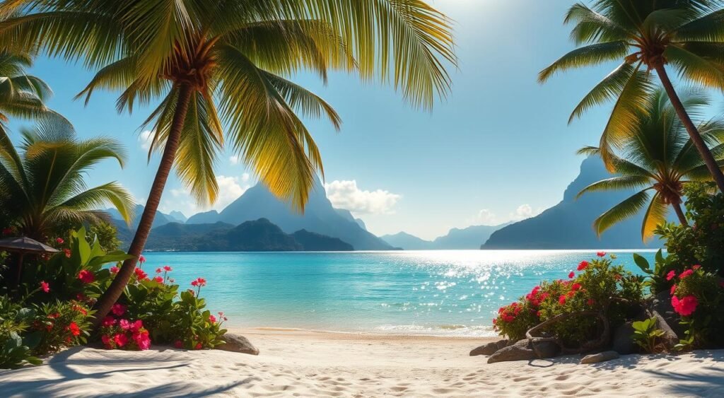 A lush, tropical paradise with swaying palm trees and a shimmering turquoise lagoon. Sunlight dances on the gentle waves, casting a warm glow over the picturesque scene. In the foreground, a pristine white-sand beach invites visitors to sink their toes into the soft, powdery grains. Towering mountains rise in the distance, their peaks shrouded in a hazy blue mist. Vibrant flowers and lush foliage adorn the landscape, creating a verdant oasis that feels worlds away from the chill of winter. A serene, tranquil atmosphere envelops the entire setting, promising a rejuvenating escape from the cold.