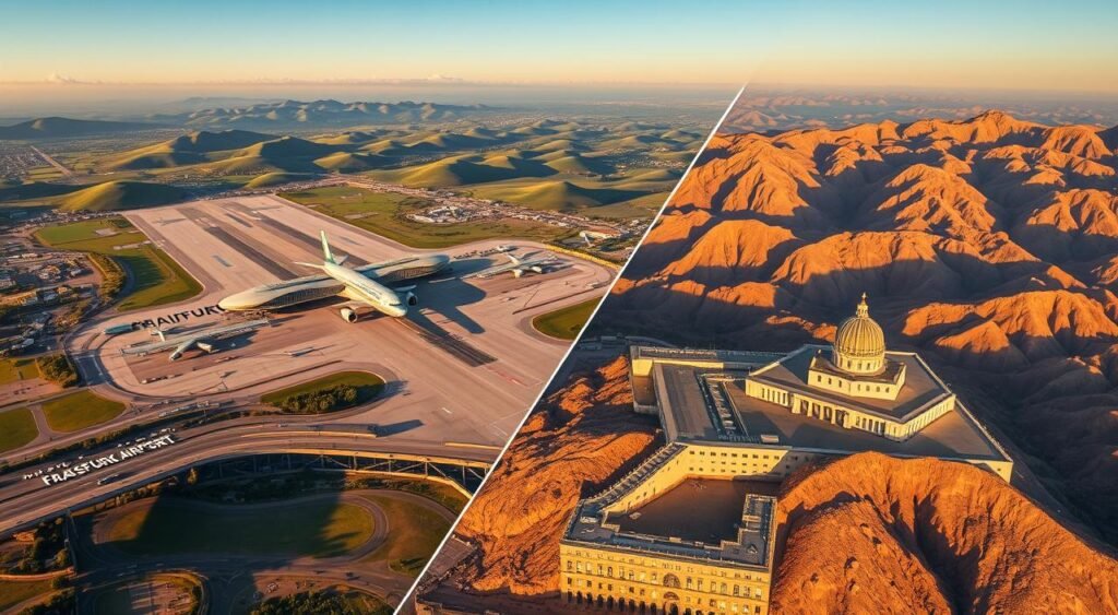 A majestic aerial view of Frankfurt Airport, its sleek terminals and sprawling runways standing in contrast to the lush, rolling hills of the surrounding landscape. Beside it, the Queen Alia International Airport in Amman, Jordan, a modern aviation hub nestled among the rugged mountains and ancient landmarks of the Hashemite Kingdom. Captured with a wide-angle lens and warm, golden lighting, the image conveys the scale and grandeur of these two important travel hubs, their architectural elegance and strategic locations seamlessly integrated into the natural environments that frame them. The composition strikes a harmonious balance, inviting the viewer to explore the rich cultural and geographical diversity that connects these two significant aviation gateways.