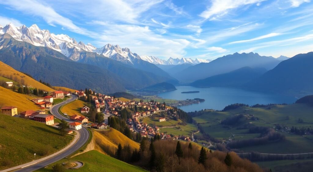 A majestic alpine landscape in northern Italy, with snow-capped peaks and lush green valleys. In the foreground, a winding road leads through rolling hills dotted with charming villages, their terracotta roofs and colorful facades bathed in warm, golden light. In the middle ground, a serene lake reflects the surrounding mountains, its calm waters interrupted by the graceful movement of a small boat. In the background, a hazy blue sky with wispy clouds, creating a sense of tranquility and adventure. The scene conveys the beauty, serenity, and cultural richness of northern Italy, inviting the viewer to explore this enchanting region. الشمال الإيطالي