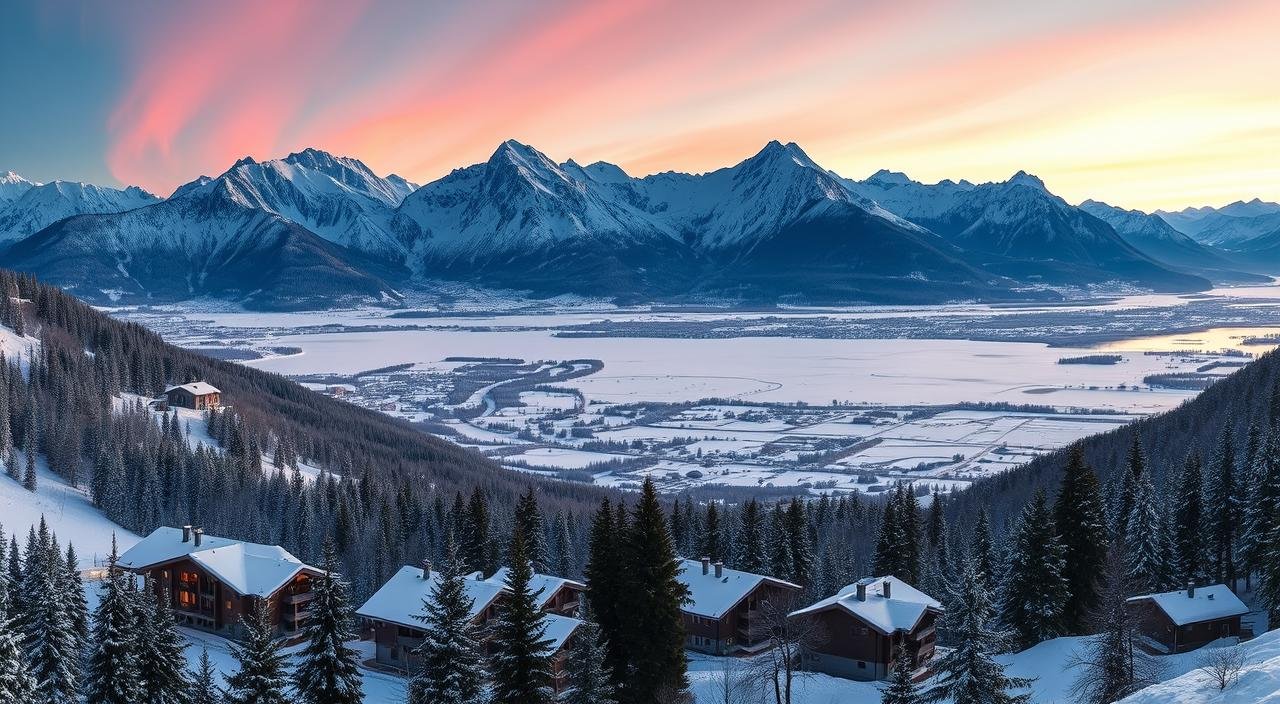 A majestic winter landscape showcasing the most renowned snow-capped mountain peaks and pristine alpine villages. In the foreground, a cozy ski resort with warm-lit chalets nestled between towering evergreens, their rooftops dusted with a gentle layer of fresh snow. In the middle ground, a panoramic view of snow-blanketed valleys and frozen lakes, reflecting the pastel hues of the setting sun. The background is dominated by a striking mountain range, their jagged silhouettes etched against a vibrant, aurora-streaked sky. The overall scene exudes a sense of serene tranquility and enchantment, perfectly capturing the essence of the most captivating winter destinations. أفضل الدول للسفر في نوفمبر وديسمبر