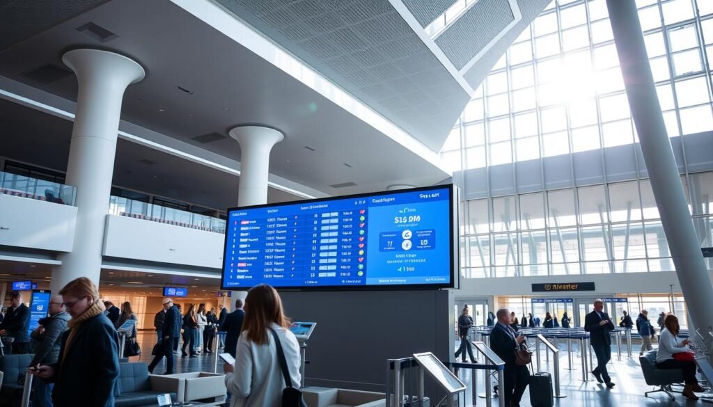 A modern airport terminal interior with a sleek, minimalist design. The main focal point is a large digital display board showcasing flight information and ticket booking options. Passengers can be seen in the foreground checking their phones or interacting with the touchscreen interfaces. The middle ground features comfortable seating areas and charging stations. In the background, the architecture features high ceilings, clean lines, and abundant natural light streaming through the expansive windows. The overall atmosphere conveys efficiency, convenience, and the ease of online flight booking in Germany.