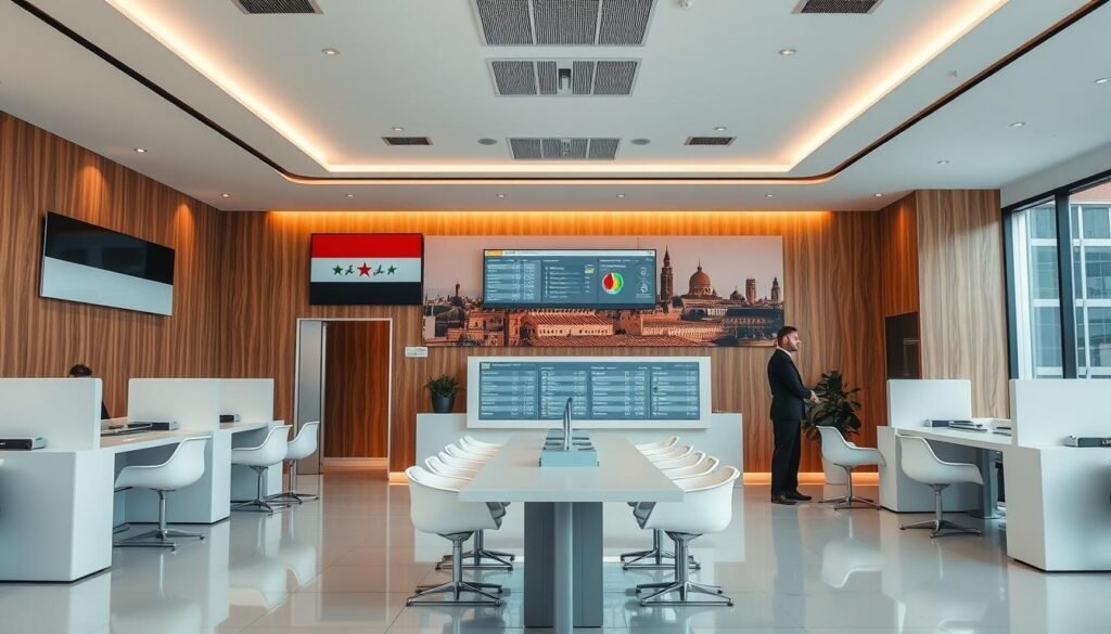 A modern and minimalist airline travel booking office interior, set against a backdrop of the Syrian flag and the iconic skyline of Damascus. Warm lighting illuminates the sleek, wood-paneled walls, contrasted by the clean, white desks and chairs. A large display screen showcases flight schedules and destinations, while a professional staff member assists a customer. The overall atmosphere conveys a sense of efficiency, reliability and cultural connection, reflecting the specialized services provided by a travel agency catering to flights between Germany and Syria.