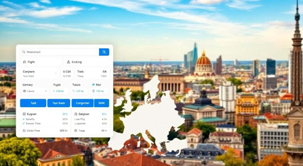 A modern and stylish travel booking website set against a backdrop of a vibrant German cityscape. The foreground features a clean, intuitive user interface with distinct sections for flight search, trip planning, and booking options. The middle ground showcases a map of European destinations, highlighting Germany's strategic location. In the background, a panoramic view of a bustling city skyline, with iconic landmarks like the Brandenburg Gate and towering skyscrapers. The overall atmosphere conveys a sense of efficiency, convenience, and the excitement of international travel, catering to the discerning needs of German travelers.