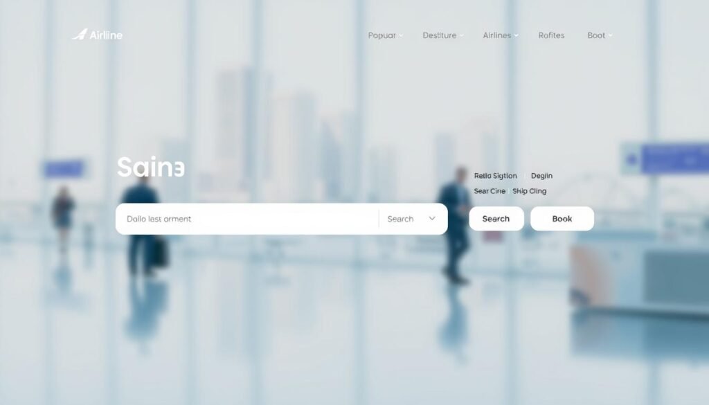 A modern, minimalist airline ticket booking website interface with a clean, responsive layout. The foreground features a prominently displayed search bar, flight departure and arrival fields, and prominent "Search" and "Book" buttons. The middle ground showcases a selection of popular destination icons, airline logos, and date picker controls. The background depicts a softly blurred cityscape or airport terminal scene, with muted tones of blues, grays, and whites to convey a sense of efficiency and professionalism. The overall mood is one of simplicity, functionality, and trustworthiness, reflecting the reliable and convenient nature of the booking platforms.