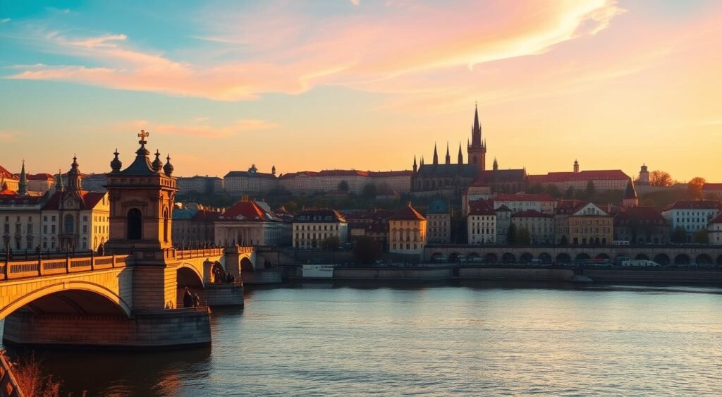 A panoramic view of the historic city of Prague, showcasing its picturesque architecture and serene riverside setting. In the foreground, the iconic Charles Bridge spans the Vltava River, its ornate stone towers and statues casting long shadows in the warm, golden light of the setting sun. The middle ground features the colorful rooftops and spires of the Old Town, with the towering silhouette of Prague Castle looming in the background, its Gothic turrets and domes silhouetted against a vibrant, pastel-hued sky. The scene is bathed in a soft, romantic atmosphere, inviting the viewer to imagine the tranquility and charm of living in this renowned European city.