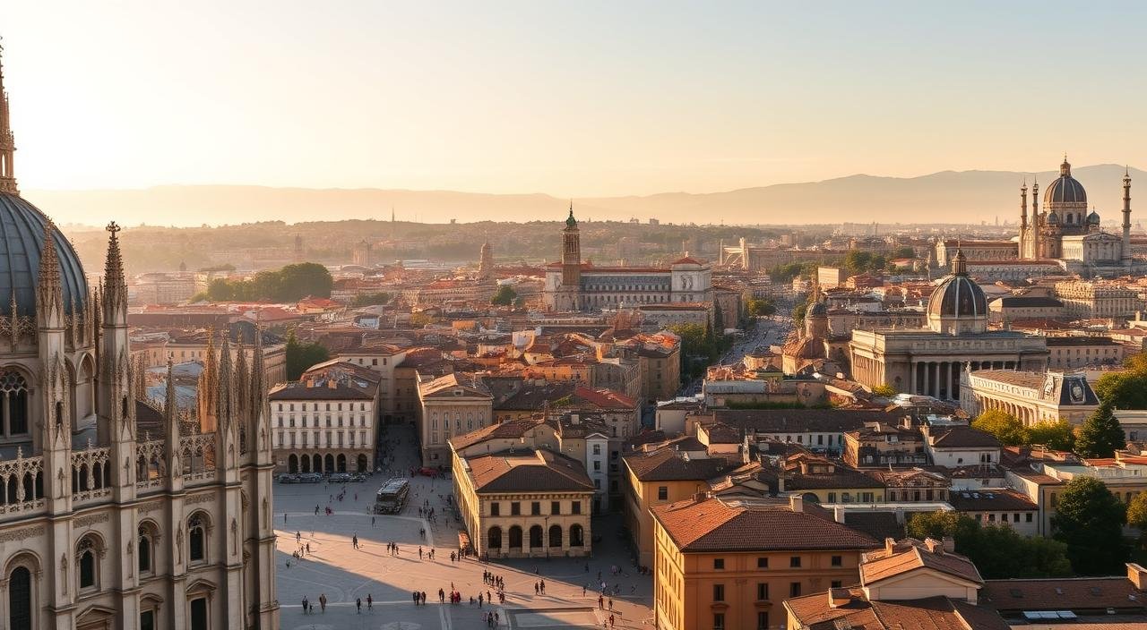A panoramic view of the iconic cities of Northern Italy, bathed in warm, golden light. In the foreground, the grand architecture of Milan's Duomo and Galleria Vittorio Emanuele II, bustling with life. In the middle ground, the picturesque medieval town of Verona, with its renowned Roman amphitheater and Juliet's balcony. In the distance, the ethereal canals and bridges of Venice, the Floating City, and the imposing silhouette of the Mole Antonelliana in Turin. The scene is imbued with a sense of timeless elegance and cultural richness, capturing the essence of the most sought-after regions in Northern Italy. افضل مكان للسكن في الشمال الايطالي