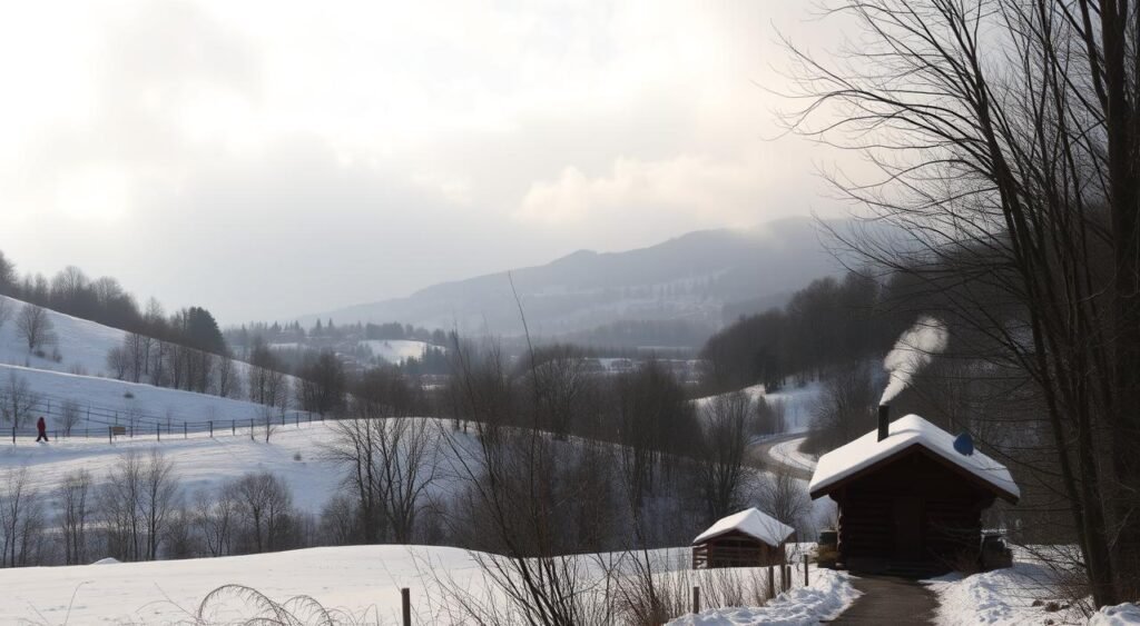 A peaceful winter landscape with snowy hills, bare trees, and a lone traveler exploring a path. Soft, diffused sunlight filters through the clouds, casting a warm, mellow glow. In the foreground, a cozy cabin nestled among the trees, smoke curling from the chimney. In the middle ground, a winding road leading to a small village, its buildings silhouetted against the horizon. The scene conveys a sense of tranquility and the joy of discovering an affordable, off-season destination, where the focus is on the journey and the beauty of the natural surroundings.