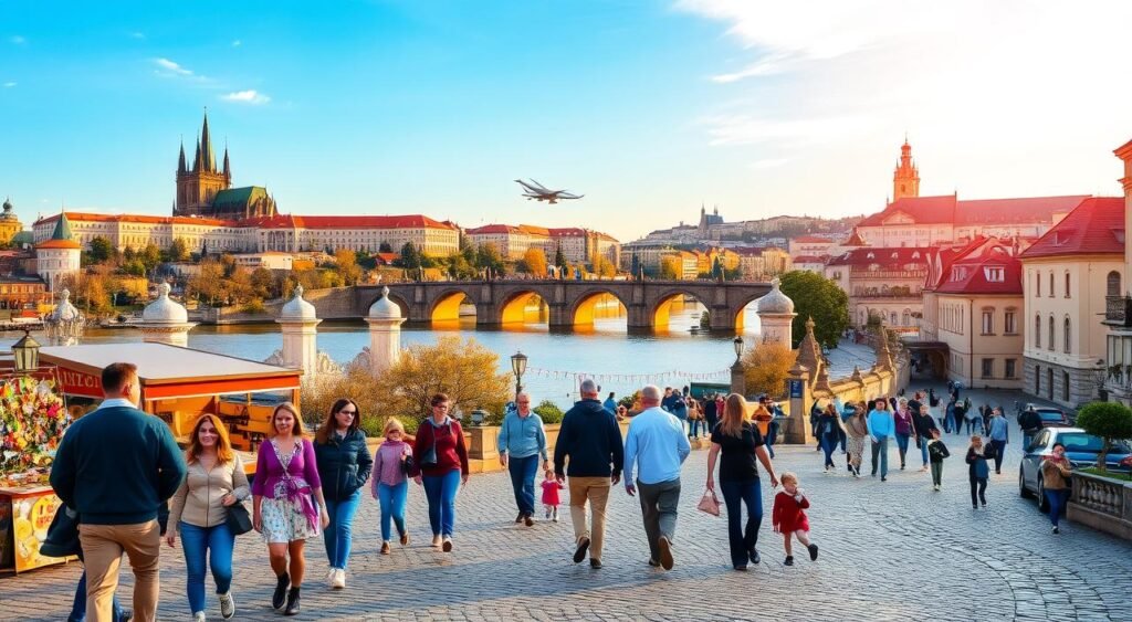 A picturesque cityscape of Prague, the capital of the Czech Republic, unfolds before the viewer. The iconic spires of Prague Castle and the Charles Bridge stretch across the serene Vltava River, bathed in warm, golden light. In the foreground, families stroll along the cobblestone streets, admiring the medieval architecture and soaking in the vibrant atmosphere. Couples and children pause to explore the charming shops and street vendors, while in the distance, the historic Old Town Square beckons with its lively atmosphere. The scene exudes a sense of timeless charm and family-friendly allure, making Prague an ideal destination for a memorable family vacation.