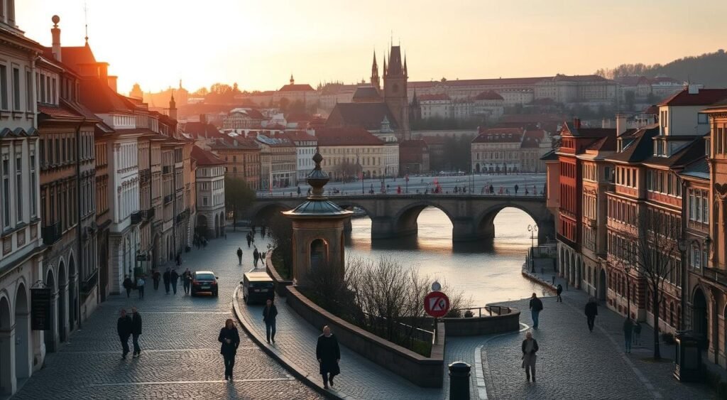 A picturesque cityscape of Prague's historic old town, bathed in the warm glow of the golden hour. Cobblestone streets wind past charming baroque buildings, their ornate facades casting long shadows. A tranquil river flows through the heart of the city, reflecting the iconic Charles Bridge and its soaring stone arches. Pedestrians stroll leisurely, taking in the vibrant atmosphere as the sun dips below the horizon, casting a serene, romantic ambiance over the scene. The lighting is soft and diffused, creating a sense of timeless elegance. An ideal setting to showcase the best times to visit this enchanting European destination.