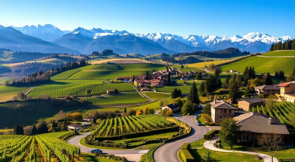 A picturesque landscape in northern Italy, showcasing the rolling hills, lush vineyards, and charming medieval towns that dot the region. In the foreground, a winding road leads through a quaint village, with traditional Italian architecture and cobblestone streets. In the middle ground, verdant vineyards stretch out, dotted with rows of grapevines and rustic farmhouses. The background is dominated by a range of majestic snow-capped mountains, their peaks reaching up towards a clear, azure sky. The scene is bathed in warm, golden light, creating a serene and inviting atmosphere that captures the essence of the idyllic northern Italian lifestyle. A picturesque landscape in northern Italy, showcasing the rolling hills, lush vineyards, and charming medieval towns that dot the region. In the foreground, a winding road leads through a quaint village, with traditional Italian architecture and cobblestone streets. In the middle ground, verdant vineyards stretch out, dotted with rows of grapevines and rustic farmhouses. The background is dominated by a range of majestic snow-capped mountains, their peaks reaching up towards a clear, azure sky. The scene is bathed in warm, golden light, creating a serene and inviting atmosphere that captures the essence of the idyllic northern Italian lifestyle.