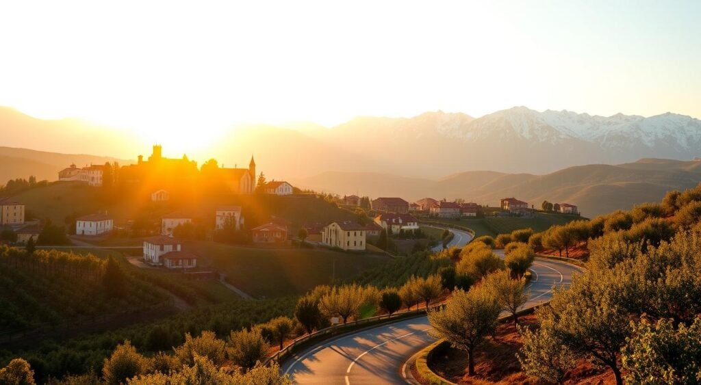 A picturesque landscape of the Northern Italian region, showcasing the breathtaking scenery during the golden hour. The image depicts a rolling hillside dotted with charming villages, their terracotta roofs and church spires set against a backdrop of snow-capped mountains. A winding road, framed by lush vineyards and olive groves, leads the viewer through the serene countryside. Warm, golden sunlight filters through the air, casting a soft, romantic glow over the entire scene. The atmosphere is one of tranquility and timeless beauty, perfectly capturing the essence of the best time to visit this captivating corner of Italy.الشمال الإيطالي