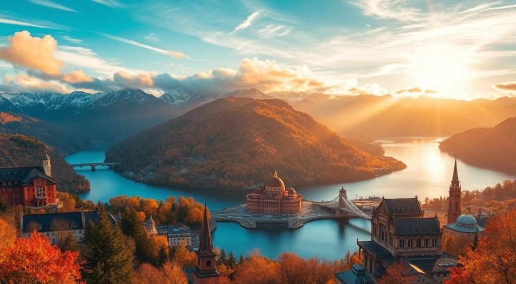 A picturesque landscape of the world's most captivating travel destinations for November and December, captured in a stunning wide-angle shot. Vibrant colors of autumn foliage and the first signs of winter create a breathtaking backdrop, framed by majestic mountains and serene lakes. Warm, golden sunlight filters through wispy clouds, casting a dreamy, atmospheric glow over the scene. In the foreground, iconic landmarks and architecture from diverse cultures stand as inviting portals to exploration, beckoning the viewer to embark on a journey of discovery. The overall composition conveys a sense of wanderlust and the promise of unforgettable experiences during the holiday season.