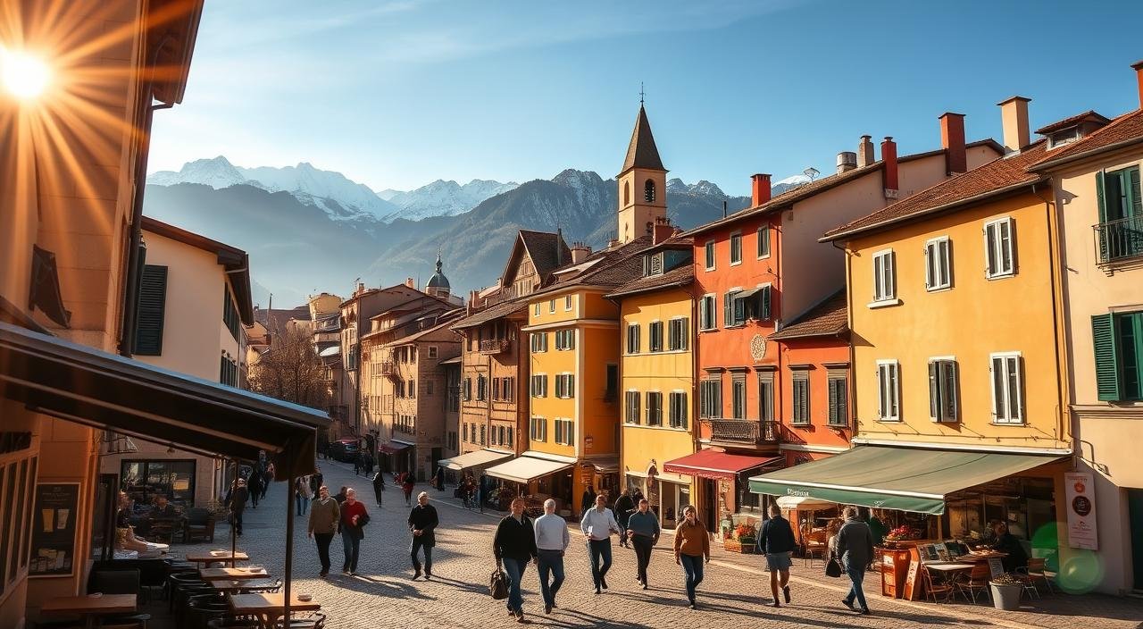A picturesque northern Italian town nestled in the foothills of the Alps, with a quaint historic center of cobblestone streets and charming pastel-colored buildings. Warm sunlight bathes the scene, casting long shadows and highlighting the intricate architectural details. In the foreground, a cozy café invites visitors to linger over espresso and pastries, while in the middle ground, locals stroll by, enjoying the vibrant atmosphere. In the distance, snow-capped mountain peaks rise majestically, creating a breathtaking backdrop. The overall mood is one of tranquility, natural beauty, and the perfect blend of Italian history and modern living. افضل مكان للسكن في الشمال الايطالي