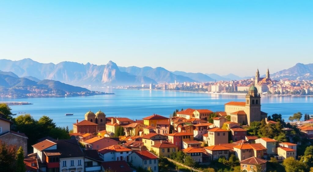 A picturesque panorama of the best northern Italian cities, bathed in warm Mediterranean sunlight. In the foreground, a charming town with colorful buildings cascading down a hillside, their terracotta roofs glistening. In the middle ground, a serene lake surrounded by towering peaks, their snow-capped summits reflecting in the calm waters. In the distance, a historic city skyline rises, its medieval towers and cathedrals silhouetted against a hazy blue sky. The scene exudes an atmosphere of timeless elegance and tranquility, beckoning the viewer to explore the rich cultural heritage and breathtaking natural beauty of Italy's northern regions.