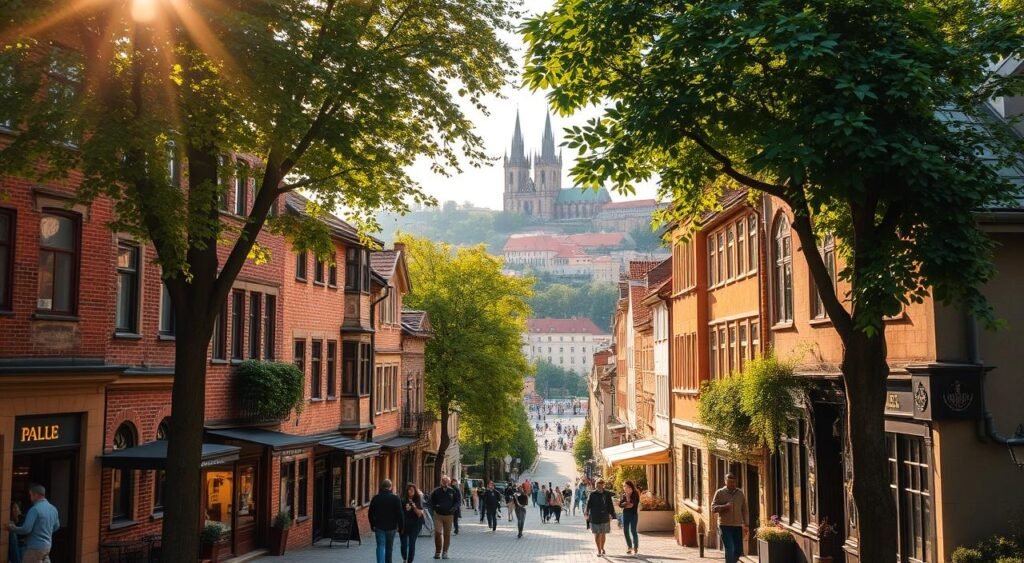 A picturesque residential neighborhood in Prague, with quaint brick buildings, cobblestone streets, and lush green spaces. Warm, golden sunlight filters through the canopy of trees, casting a gentle glow over the scene. In the foreground, people stroll leisurely, some stopping to admire the charming storefronts and cafes. The middle ground features a central square, bustling with local activity, while in the background, the iconic spires of Prague Castle rise majestically, offering a stunning backdrop. The overall atmosphere exudes a sense of tranquility, historic elegance, and the quintessential charm that makes this area an ideal place to call home in the heart of the Czech capital.