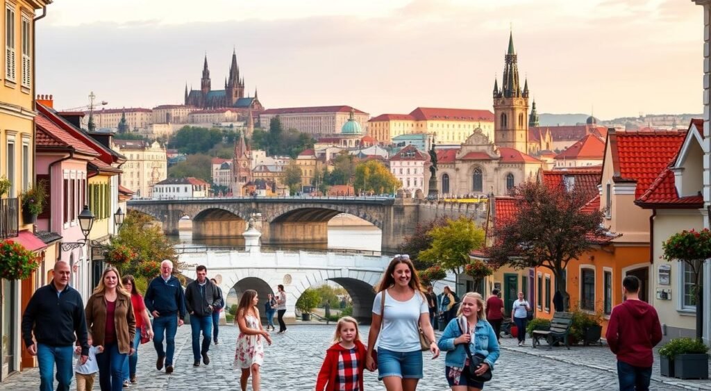 A picturesque scene of Prague's family-friendly attractions. In the foreground, a group of parents and children explore the charming cobblestone streets, captivated by the colorful facades and ornate architecture. In the middle ground, the iconic Charles Bridge stands majestic, crossing the serene Vltava River. In the background, the spires of Prague Castle and St. Vitus Cathedral rise majestically, bathed in warm, golden afternoon light. The atmosphere is one of wonder and discovery, inviting families to immerse themselves in the rich cultural heritage of this enchanting European city.