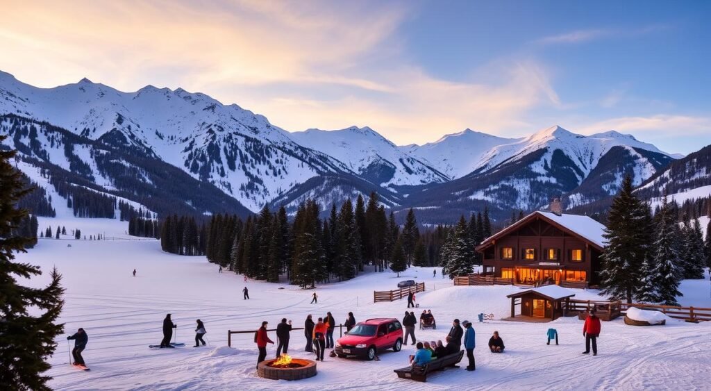 A picturesque winter landscape, with snow-capped mountains rising majestically in the background, casting long shadows across a frozen lake. In the foreground, a cozy ski lodge nestled among the pines, its warm lights beckoning visitors to come inside and enjoy the après-ski atmosphere. Skiers and snowboarders carve graceful turns down the slopes, while others gather around a fire pit, sipping hot cocoa and admiring the stunning vista. The air is crisp and still, with a hint of pine and the faint aroma of wood smoke. The scene is bathed in a soft, golden glow, creating a serene and inviting atmosphere perfect for a winter getaway.