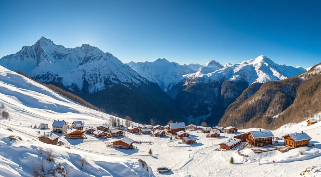 A picturesque winter scene in the heart of the European Alps. Towering snow-capped peaks rise majestically against a clear, azure sky. Pristine slopes glistening with fresh powder, inviting skiers and snowboarders to carve graceful turns. In the foreground, a charming alpine village nestled amidst the rugged landscape, its quaint chalets and cozy cafes exuding a warm, inviting ambiance. The image is bathed in a soft, golden light, creating a serene and tranquil atmosphere. A panoramic view that captures the essence of the best winter destinations in Europe, a perfect illustration for an article on the joys of European winter tourism. A picturesque winter scene in the heart of the Europeanأفضل الدول الأوروبية للسياحة Alps. Towering snow-capped peaks rise majestically against a clear, azure sky. Pristine slopes glistening with fresh powder, inviting skiers and snowboarders to carve graceful turns. In the foreground, a charming alpine village nestled amidst the rugged landscape, its quaint chalets and cozy cafes exuding a warm, inviting ambiance. The image is bathed in a soft, golden light, creating a serene and tranquil atmosphere. A panoramic view that captures the essence of the best winter destinations in Europe, a perfect illustration for an article on the joys of European winter tourism.