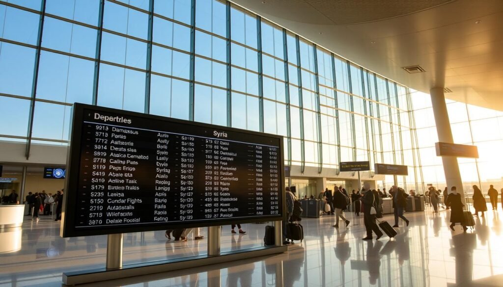 A pristine, modern airport terminal with a sleek, minimalist design. Sunlight streams through expansive glass walls, illuminating the bustling activity of passengers checking in at the airline counters. In the foreground, a large departures board displays flight information for destinations across Syria, including major cities like Damascus and Aleppo. The scene conveys a sense of efficiency and anticipation, inviting the viewer to imagine embarking on a journey to the historic and culturally rich nation of Syria.