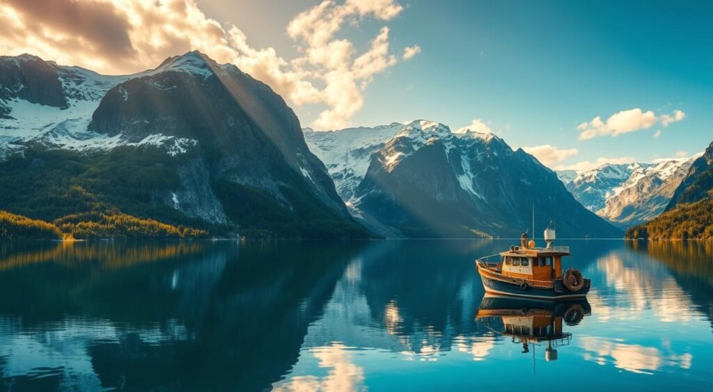A scenic vista of Norway's captivating fjords, where towering mountains rise dramatically from the still, azure waters. Rugged, snow-capped peaks are reflected in the glassy surface, creating a mesmerizing symmetry. Lush, verdant forests cling to the slopes, their vibrant hues contrasting with the crisp, glacial air. A fishing boat gently drifts across the frame, its weathered hull a testament to the region's maritime heritage. Shafts of golden sunlight pierce the soft, wispy clouds, bathing the entire scene in a warm, ethereal glow. A breathtaking portrait of Norway's captivating natural beauty, evoking a sense of tranquility and wonder.