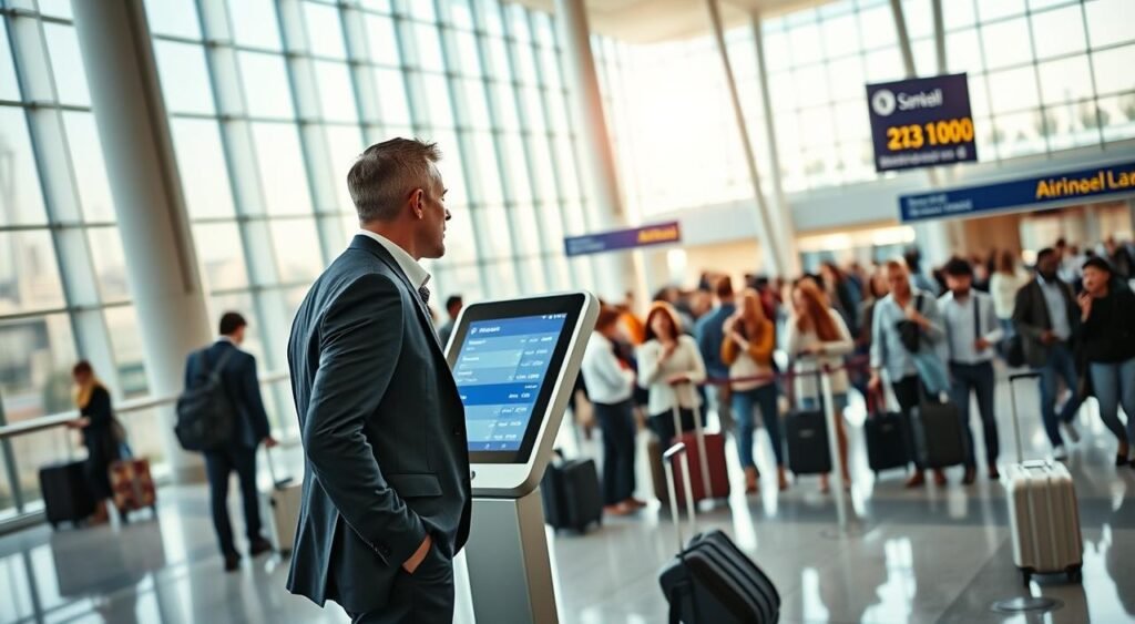 A serene airport terminal with natural lighting streaming through large windows, showcasing a sleek and modern airline booking kiosk. The kiosk displays a user-friendly interface, inviting travelers to effortlessly search for flight options, compare prices, and seamlessly book their tickets. In the foreground, a well-dressed businessman standing in front of the kiosk, deep in thought as he examines the available flight options on the screen. The middle ground features a diverse crowd of travelers, some with suitcases in hand, others engaged in animated conversations, creating a bustling yet organized atmosphere. In the background, the airport's architectural design is evident, with clean lines, minimalist decor, and a sense of efficiency and professionalism. The overall scene conveys a sense of ease, accessibility, and the confidence that comes with finding the best travel deals and booking options.