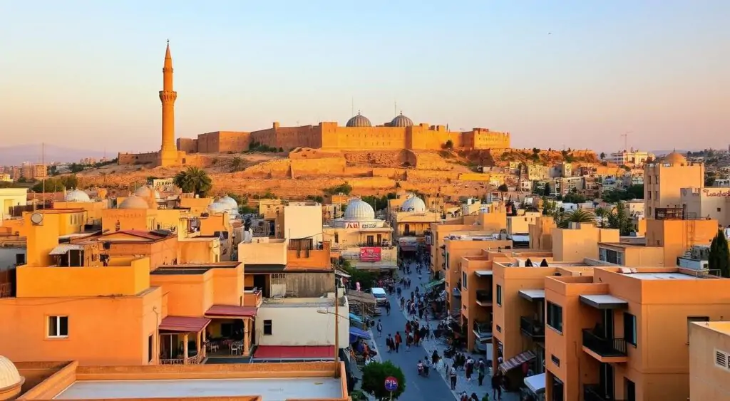 A serene and tranquil cityscape of Amman, Jordan's vibrant capital. In the foreground, a cluster of traditional yet affordable hotels, their warm ochre hues blending harmoniously with the surrounding architecture. Towering minarets and domes peek out above the rooftops, hinting at the rich cultural heritage that permeates the city. In the middle ground, bustling streets lined with shops and cafes, where locals and visitors mingle, creating a lively and authentic atmosphere. In the background, the ancient Citadel, a testament to Amman's storied past, stands majestically, its weathered limestone walls illuminated by the golden glow of the setting sun. The scene conveys a sense of history, culture, and accessibility, inviting the viewer to explore the city's captivating sights and discover its hidden gems.