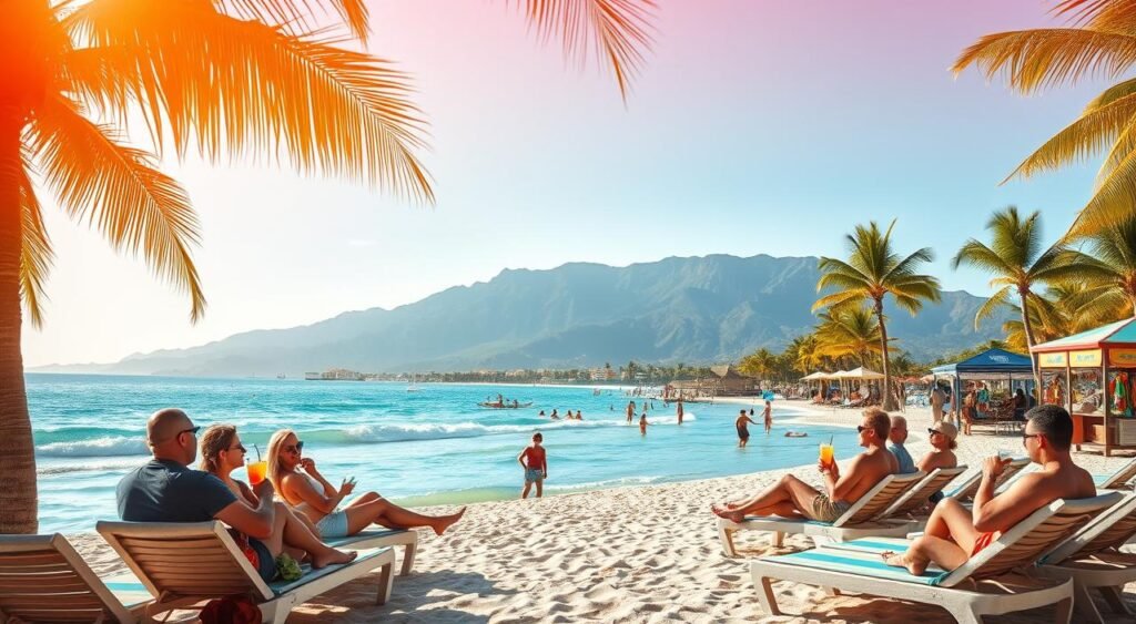 A serene beach scene with vibrant hues and a warm,دول رخيصة للسفر في الصيف inviting atmosphere. In the foreground, a group of tourists relaxing on sun loungers, sipping tropical drinks and soaking up the sun's golden rays. The middle ground features a picturesque coastline with swaying palm trees, gentle waves lapping at the shore, and a few local vendors selling colorful souvenirs. In the distance, a towering mountain range provides a stunning backdrop, creating a sense of depth and tranquility. The lighting is soft and natural, casting a dreamy, golden glow over the entire scene. The overall mood is one of relaxation, adventure, and affordable summer escapism.