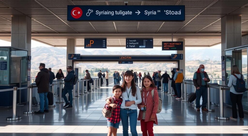 A serene border crossing between Turkey and Syria, where travelers seamlessly transition without the need for visas. The scene depicts a modern, well-maintained checkpoint with orderly queues and efficient border officials processing documents. In the foreground, a family calmly waits their turn, their faces reflecting the ease of this journey. The middle ground showcases the architectural details of the checkpoint, with clean lines and a mix of glass, steel, and stone. In the background, the landscape unfolds, revealing rolling hills and a glimpse of the Syrian border beyond, signaling the destination ahead. The lighting is soft and natural, conveying a sense of tranquility and comfort throughout the scene.