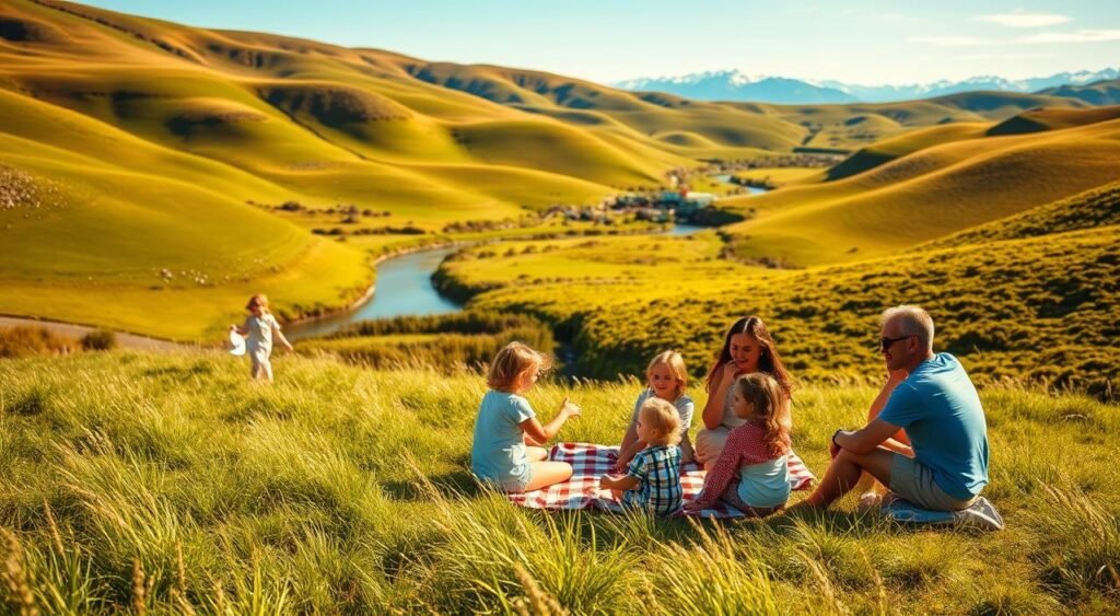 A serene family enjoying a picnic in a lush, verdant meadow, surrounded by rolling hills and a clear blue sky. The scene is bathed in warm, golden sunlight, creating a sense of comfort and relaxation. In the foreground, a group of children play happily, while their parents sit nearby, engaged in conversation. The background features a peaceful, scenic landscape, with a meandering stream and distant, snow-capped mountains. The image conveys an atmosphere of affordability, tranquility, and the joy of family bonding in an idyllic, budget-friendly destination.