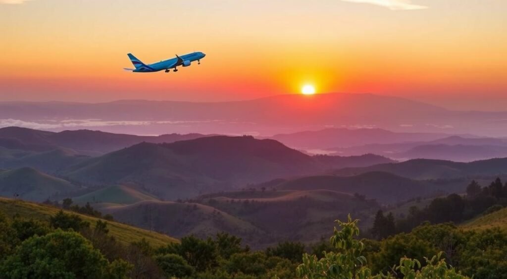 A serene landscape depicting a direct flight from Germany to Jordan. In the foreground, a stylized illustration of a plane soaring through the sky, its sleek silhouette capturing the efficiency of modern air travel. In the middle ground, rolling hills and lush greenery, representing the scenic destinations awaiting the traveler. In the background, a vibrant sunset casts a warm glow, evoking a sense of adventure and the promise of new experiences. The overall composition exudes a feeling of tranquility and cost-effectiveness, alluding to the strategies for saving money when booking direct flights from Germany to Jordan. أرخص حجز طيران من ألمانيا إلى الأردن