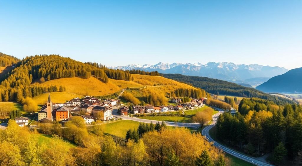A serene landscape in northern Italy, with the four seasons subtly blending. In the foreground, a picturesque village nestled among rolling hills, its colorful buildings basking in the warm glow of spring sunshine. The middle ground features a winding country road, framed by lush, verdant forests that transform with the changing seasons - vibrant greens in summer, golden hues in autumn, and a dusting of snow in winter. In the distance, the majestic Alps rise, their peaks capped with snow, creating a breathtaking backdrop. The lighting shifts from the soft, diffused rays of spring to the long, angled shadows of winter, capturing the essence of the ideal times to visit this enchanting region.الشمال الإيطالي