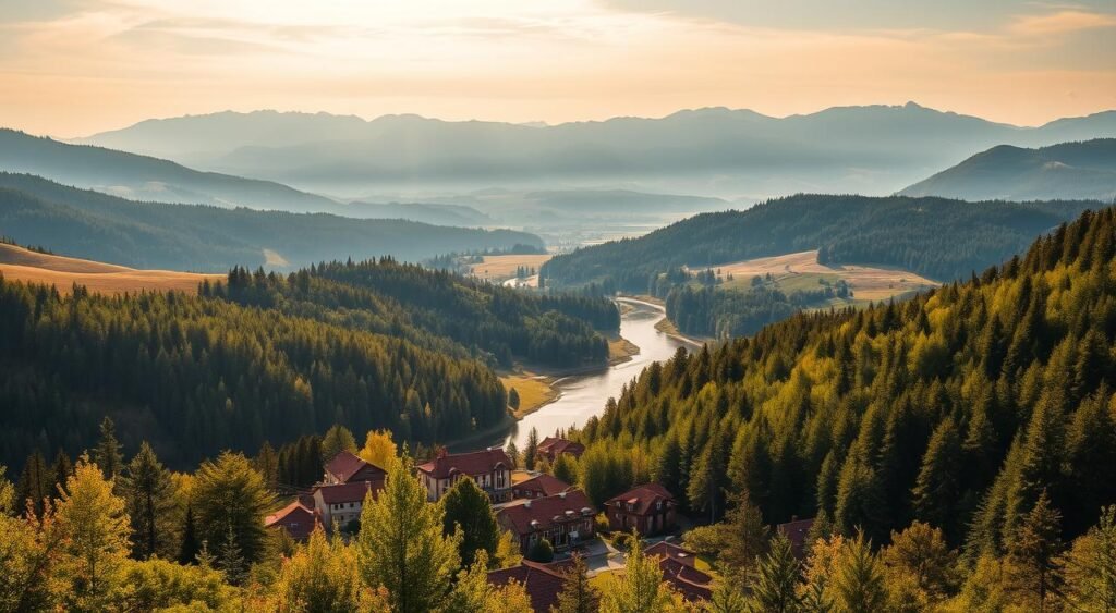 A serene landscape of Romania's rolling hills and lush forests, bathed in warm, golden sunlight. In the foreground, a picturesque village with traditional red-roofed houses nestled among verdant trees. In the middle ground, a winding river reflects the surrounding natural beauty. The background features the majestic Carpathian Mountains, their peaks capped with snow, creating a breathtaking panoramic view. The overall scene evokes a sense of tranquility and invites the viewer to imagine the rich cultural heritage and outdoor adventures that await Saudi travelers in Romania. فيزا لزيارة رومانيا